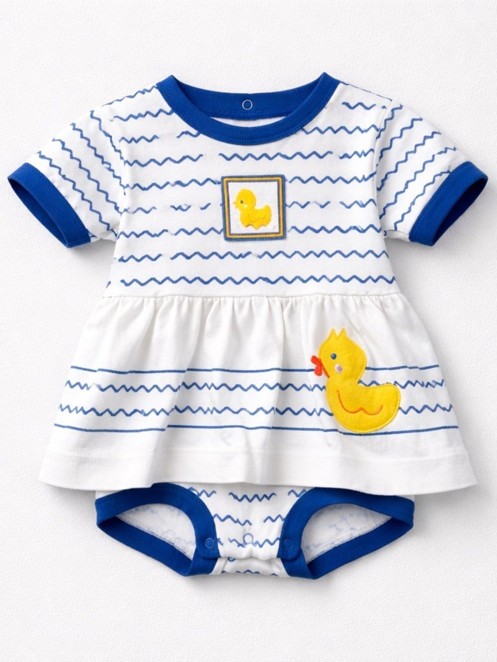 Le Top blue and white skirted bodysuit with wave print and duck appliqués 12 min